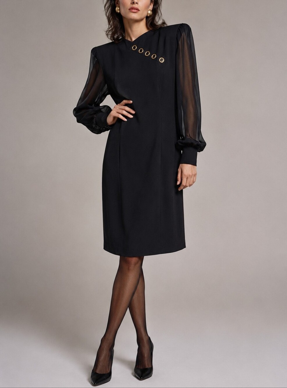Escada Vintage 80s Wool & Silk Button Collar Long Sleeve Pencil Dress in Black